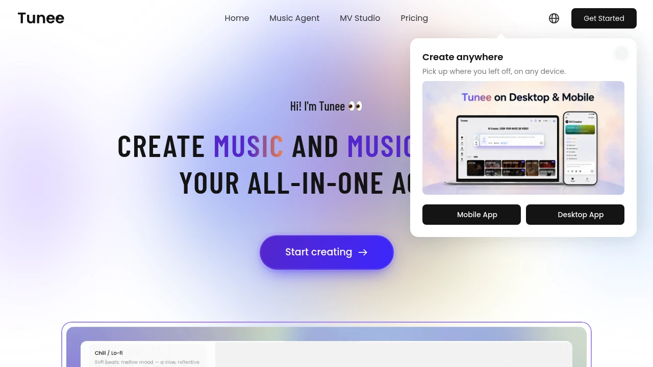 Screenshot of Tunee website