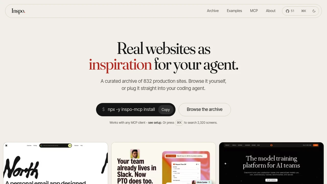 Screenshot of Inspo MCP website